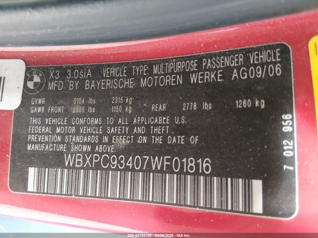 44795150 :رقم المزاد ، WBXPC93407WF01816 vin ، 2007 Bmw X3 3.0si مزاد بيع