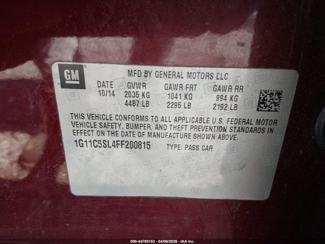 Aukcja sprzedaży 2015 Chevrolet Malibu 1lt, vin: 1G11C5SL4FF200815, numer aukcji: 44795153