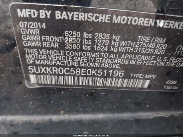 Aukcja sprzedaży 2014 Bmw X5 Xdrive35i, vin: 5UXKR0C58E0K51196, numer aukcji: 44795158