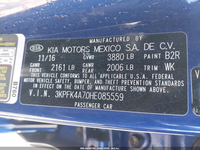 44795168 :رقم المزاد ، 3KPFK4A70HE085559 vin ، 2017 Kia Forte Lx مزاد بيع