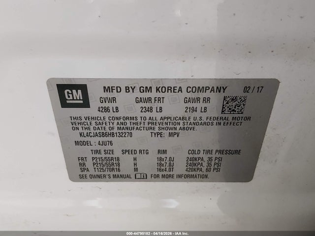 Aukcja sprzedaży 2017 Buick Encore Preferred, vin: KL4CJASB6HB132270, numer aukcji: 44795182