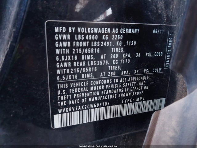 2012 VOLKSWAGEN TIGUAN WVGBV7AX2CW506103 Photo 8