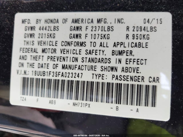 2015 Acura Tlx მანქანა იყიდება აუქციონზე, vin: 19UUB1F35FA023247, აუქციონის ნომერი: 44795194