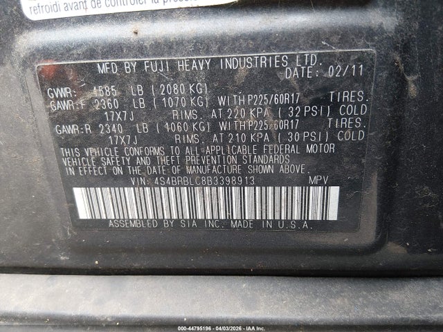 Продажа на аукционе авто 2011 Subaru Outback 2.5i Limited, vin: 4S4BRBLC8B3398913, номер лота: 44795196