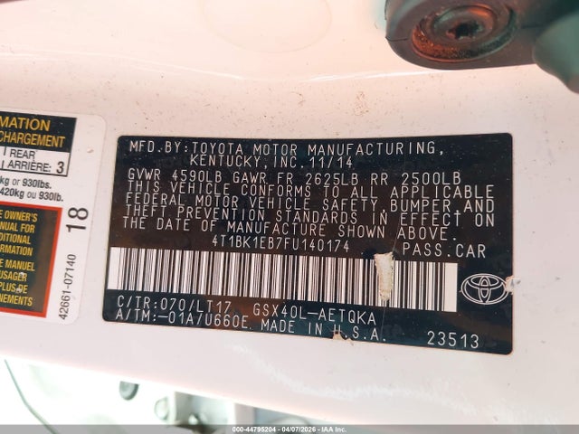 2015 Toyota Avalon Xle Touring მანქანა იყიდება აუქციონზე, vin: 4T1BK1EB7FU140174, აუქციონის ნომერი: 44795204