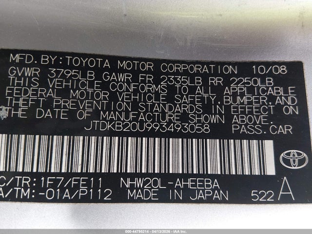 2009 TOYOTA PRIUS JTDKB20U993493058 Photo 8