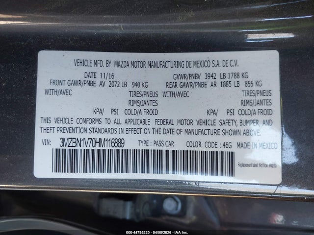 2017 Mazda Mazda3 Touring მანქანა იყიდება აუქციონზე, vin: 3MZBN1V70HM116889, აუქციონის ნომერი: 44795220