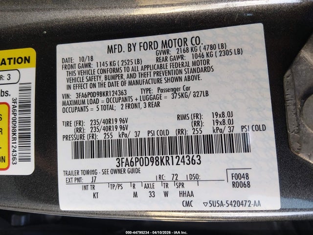 Продажа на аукционе авто 2019 Ford Fusion Titanium, vin: 3FA6P0D98KR124363, номер лота: 44795234