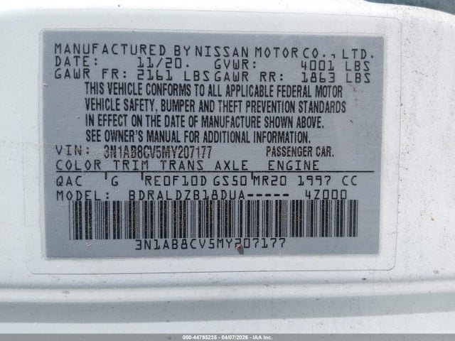 Продаж на аукціоні авто 2021 Nissan Sentra Sv Xtronic Cvt, vin: 3N1AB8CV5MY207177, номер лоту: 44795235