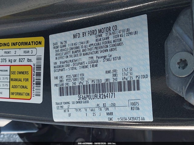 2020 FORD FUSION 3FA6P0LU9LR264171 Photo 8