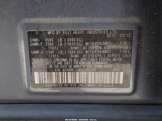 2013 Subaru Outback 2.5i Limited მანქანა იყიდება აუქციონზე, vin: 4S4BRCJC6D3296540, აუქციონის ნომერი: 44795258