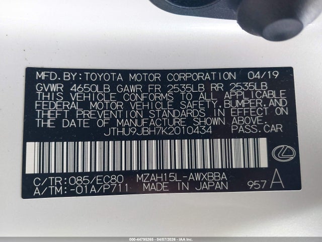 Aukcja sprzedaży 2019 Lexus Ux 250h, vin: JTHU9JBH7K2010434, numer aukcji: 44795265