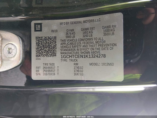 Aukcja sprzedaży 2019 Chevrolet Colorado Lt, vin: 1GCHTCEN1K1324278, numer aukcji: 44795270