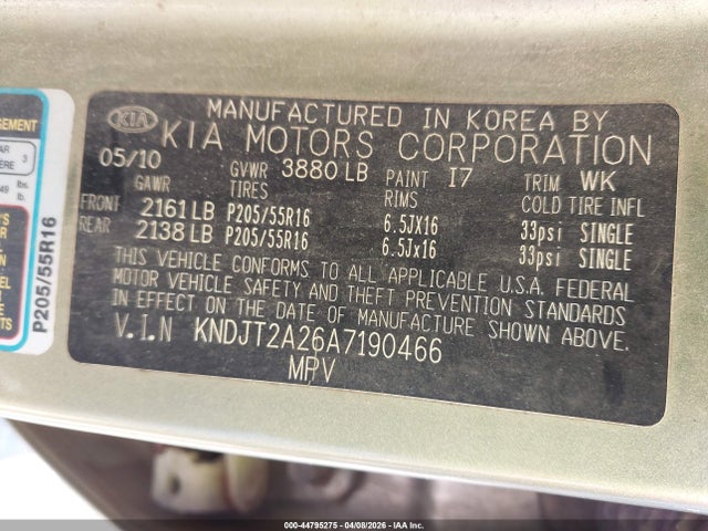 44795275 :رقم المزاد ، KNDJT2A26A7190466 vin ، 2010 Kia Soul + مزاد بيع