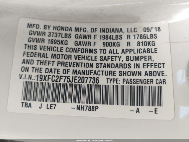 Honda CIVIC EX 2018 19XFC2F75JE207736 Image 9