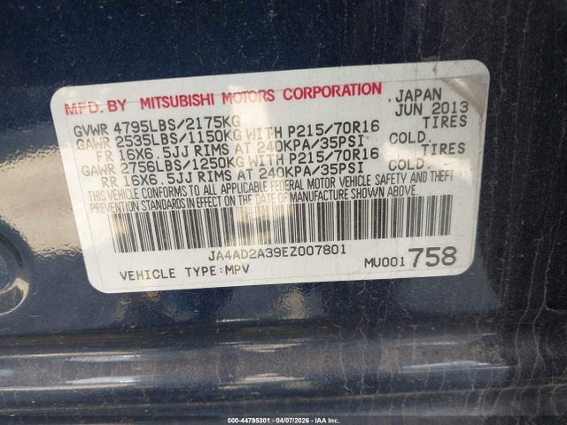 Продаж на аукціоні авто 2014 Mitsubishi Outlander Es, vin: JA4AD2A39EZ007801, номер лоту: 44795301