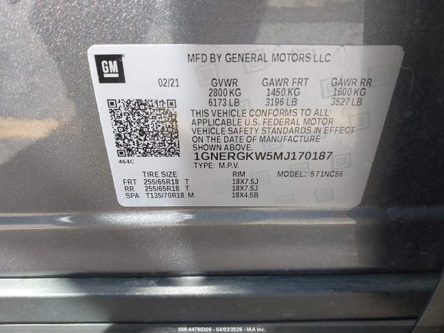 1GNERGKW5MJ170187 Chevrolet Traverse Fwd Lt Cloth