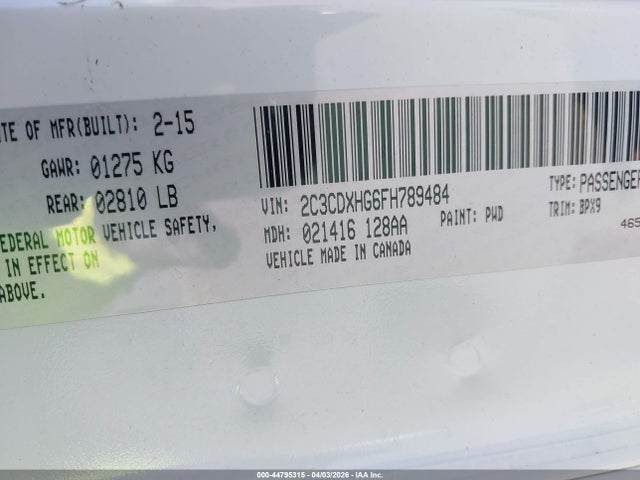 Aukcja sprzedaży 2015 Dodge Charger Sxt, vin: 2C3CDXHG6FH789484, numer aukcji: 44795315