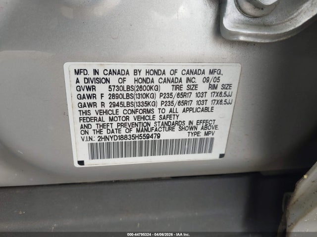44795324 :رقم المزاد ، 2HNYD18835H559479 vin ، 2005 Acura Mdx مزاد بيع