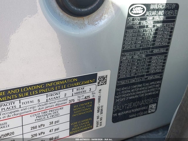 44795333 :رقم المزاد ، SALYT2EX0NA329612 vin ، 2022 Land Rover Range Rover Velar P250 R-dynamic S مزاد بيع