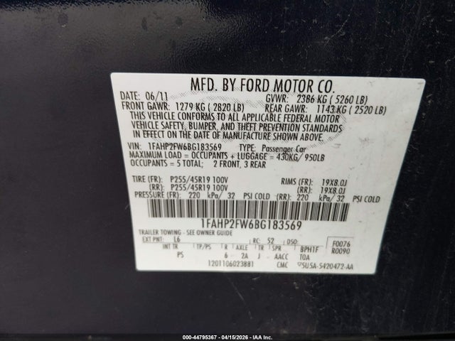 Продажа на аукционе авто 2011 Ford Taurus Limited, vin: 1FAHP2FW6BG183569, номер лота: 44795367
