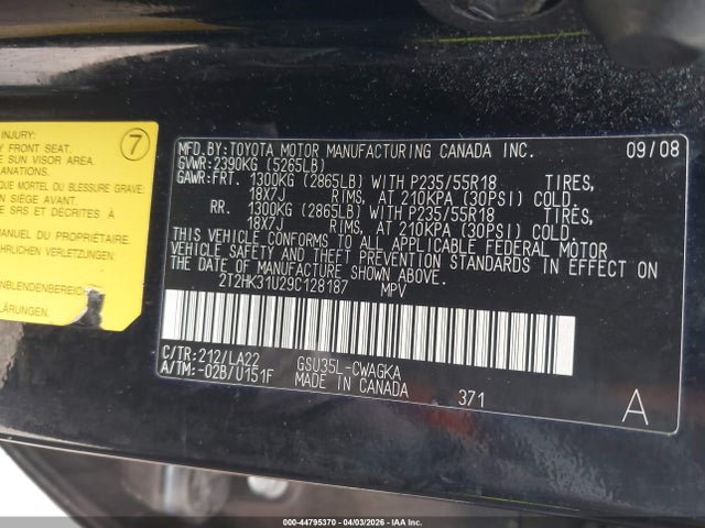 44795370 :رقم المزاد ، 2T2HK31U29C128187 vin ، 2009 Lexus Rx 350 مزاد بيع