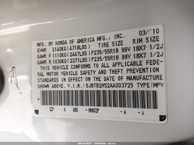 Aukcja sprzedaży 2010 Acura Rdx, vin: 5J8TB2H52AA003725, numer aukcji: 44795377