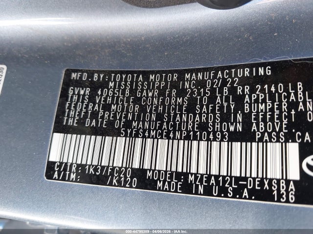5YFS4MCE4NP110493 Toyota COROLLA SE