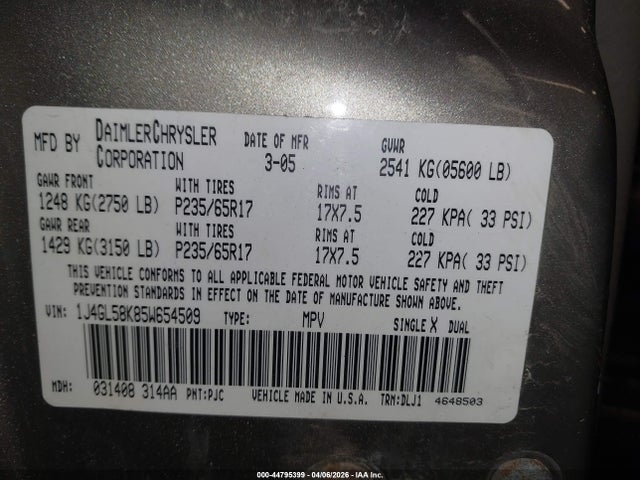 44795399 :رقم المزاد ، 1J4GL58K85W654509 vin ، 2005 Jeep Liberty Limited Edition مزاد بيع