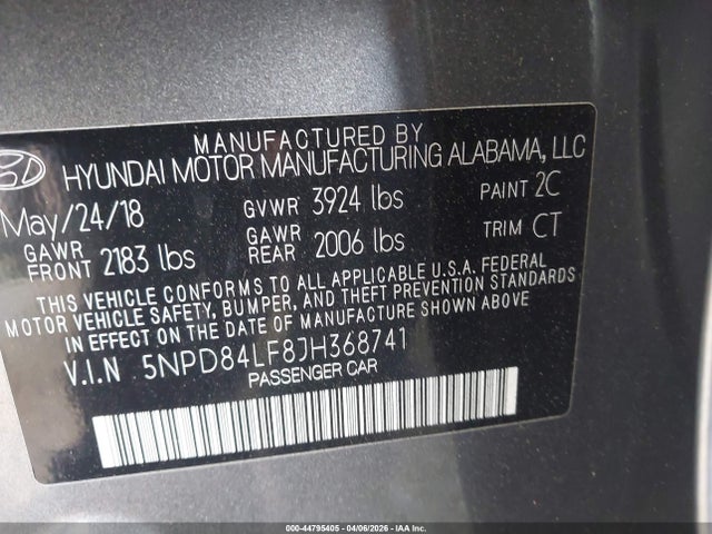 Продаж на аукціоні авто 2018 Hyundai Elantra Sel, vin: 5NPD84LF8JH368741, номер лоту: 44795405