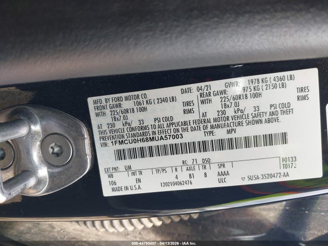Продажа на аукционе авто 2021 Ford Escape Sel, vin: 1FMCU0H68MUA57003, номер лота: 44795407