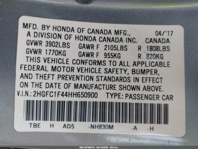 2017 Honda Civic Ex-t მანქანა იყიდება აუქციონზე, vin: 2HGFC1F44HH650900, აუქციონის ნომერი: 44795418
