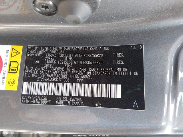 44795420 :رقم المزاد ، 2T2BZMCA3KC171906 vin ، 2019 Lexus Rx 350 F Sport مزاد بيع