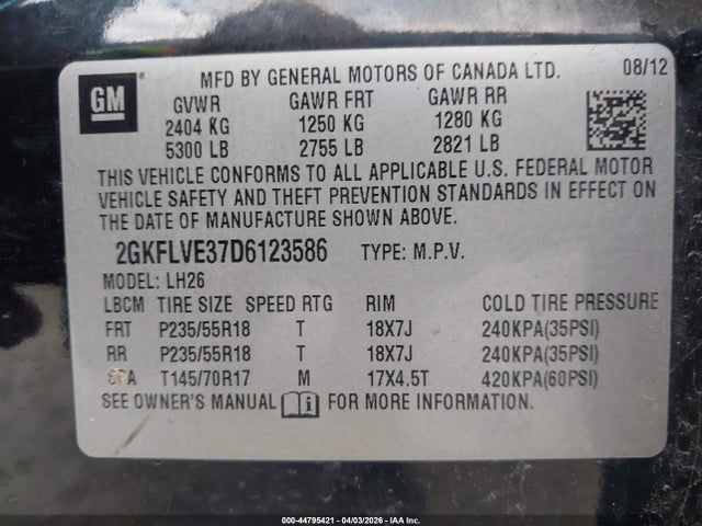 Aukcja sprzedaży 2013 Gmc Terrain Slt-1, vin: 2GKFLVE37D6123586, numer aukcji: 44795421