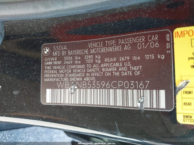 Продажа на аукционе авто 2006 Bmw 550i, vin: WBANB53596CP03167, номер лота: 44795424