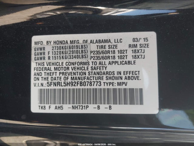 Aukcja sprzedaży 2015 Honda Odyssey Touring/touring Elite, vin: 5FNRL5H92FB078773, numer aukcji: 44795434