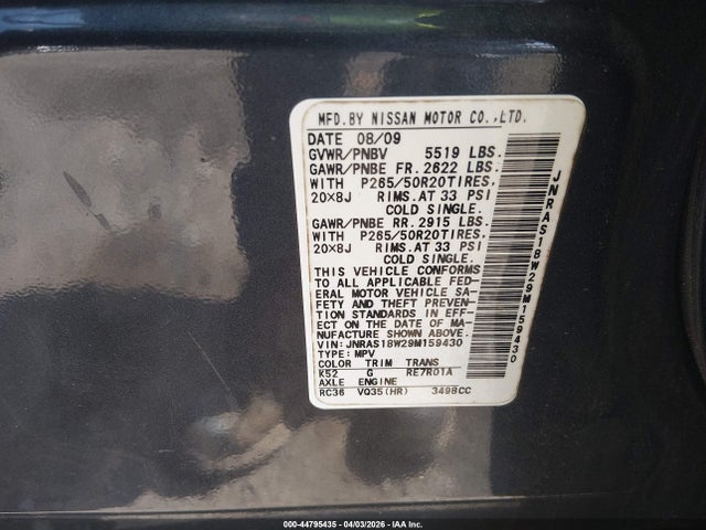 Aukcja sprzedaży 2009 Infiniti Fx35, vin: JNRAS18W29M159430, numer aukcji: 44795435