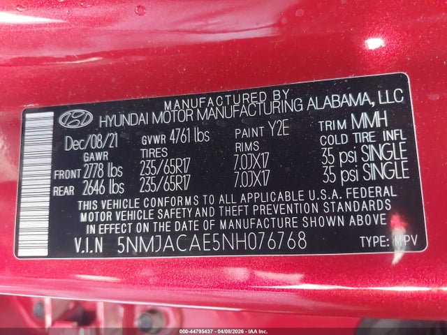 Продажа на аукционе авто 2022 Hyundai Tucson Se, vin: 5NMJACAE5NH076768, номер лота: 44795437