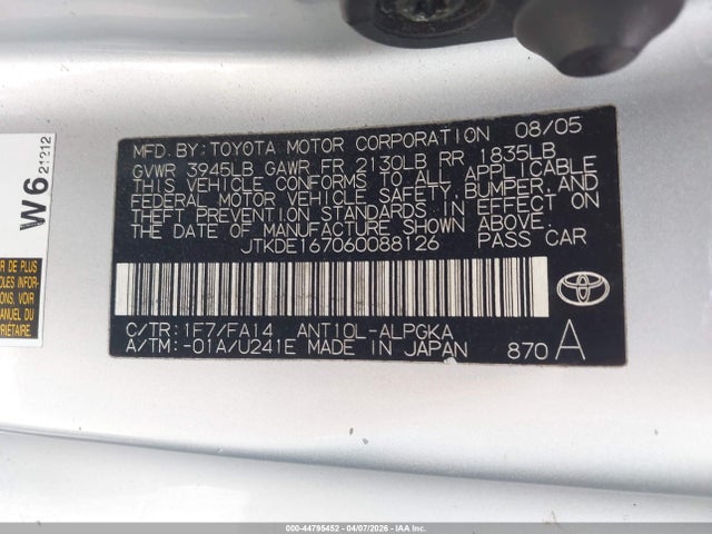 44795452 :رقم المزاد ، JTKDE167060088126 vin ، 2006 Scion Tc مزاد بيع