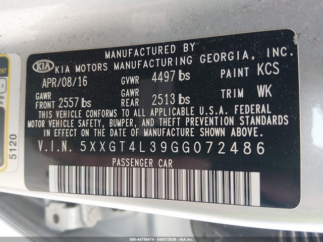 44795474 :رقم المزاد ، 5XXGT4L39GG072486 vin ، 2016 Kia Optima Lx مزاد بيع