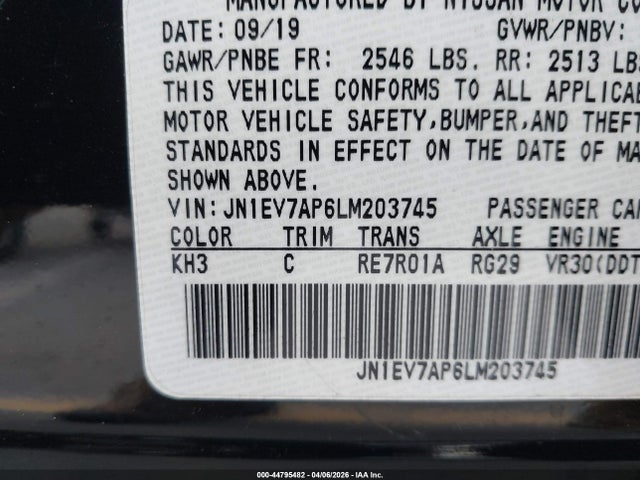 44795482 :رقم المزاد ، JN1EV7AP6LM203745 vin ، 2020 Infiniti Q50 Luxe مزاد بيع