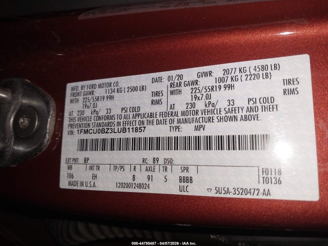 2020 Ford Escape Se Sport Hybrid მანქანა იყიდება აუქციონზე, vin: 1FMCU0BZ3LUB11857, აუქციონის ნომერი: 44795487