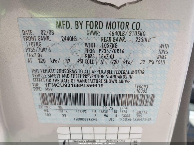 Продаж на аукціоні авто 2008 Ford Escape Xlt, vin: 1FMCU93168KD56619, номер лоту: 44795488
