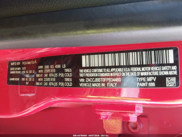 44795489 :رقم المزاد ، ZACCJBBT0FPB34460 vin ، 2015 Jeep Renegade Latitude مزاد بيع