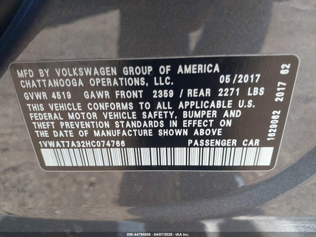 2017 Volkswagen Passat 1.8t S მანქანა იყიდება აუქციონზე, vin: 1VWAT7A32HC074766, აუქციონის ნომერი: 44795508