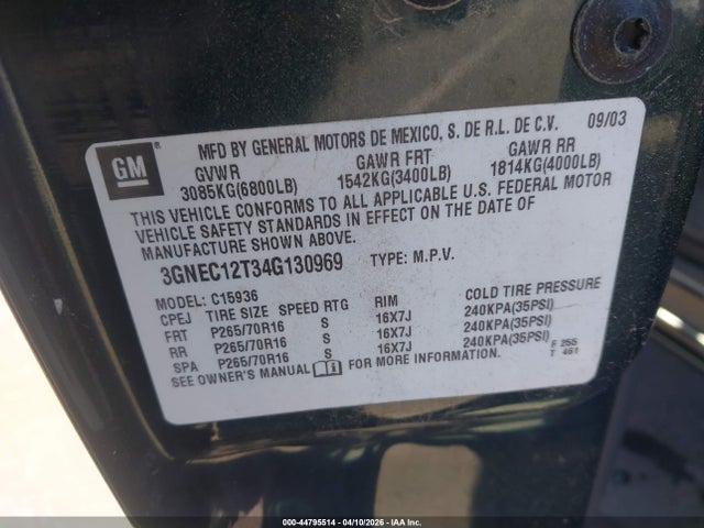 2004 CHEVROLET AVALANCHE 1500 3GNEC12T34G130969 Photo 8