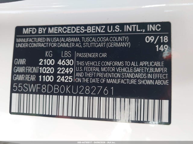 Aukcja sprzedaży 2019 Mercedes-benz C 300, vin: 55SWF8DB0KU282761, numer aukcji: 44795517