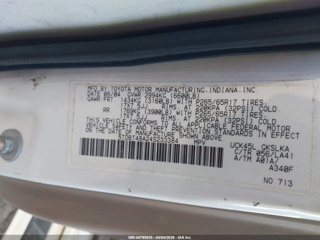 Продажа на аукционе авто 2004 Toyota Sequoia Limited V8, vin: 5TDBT48A24S233384, номер лота: 44795520