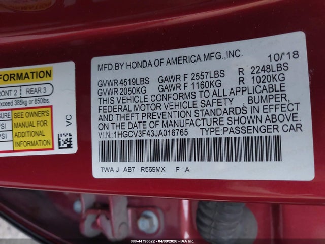 44795522 :رقم المزاد ، 1HGCV3F43JA016765 vin ، 2018 Honda Accord Hybrid Ex مزاد بيع