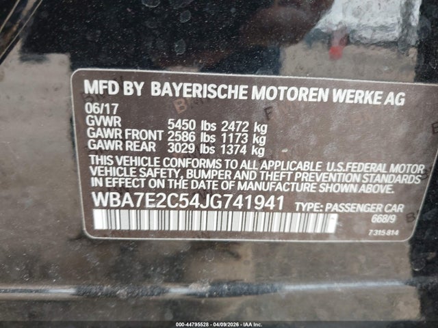 2018 Bmw 740i მანქანა იყიდება აუქციონზე, vin: WBA7E2C54JG741941, აუქციონის ნომერი: 44795528